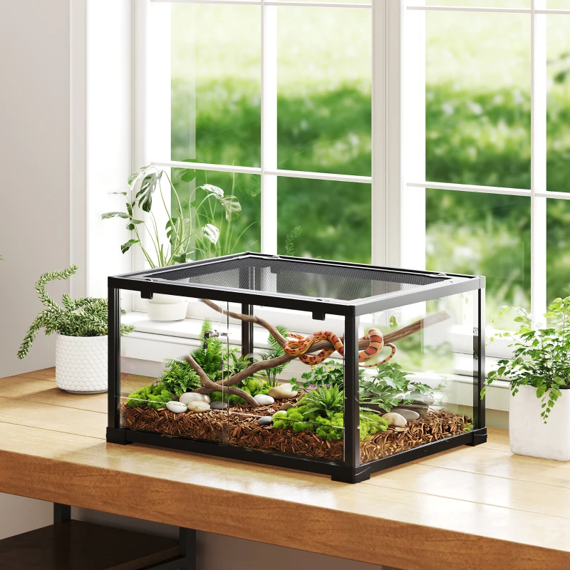 PawHut Terrarium en verre pour reptile enclos pour hamster 86 L ventilation supérieure porte coulissante 50,8x30,5x35,6cm noir