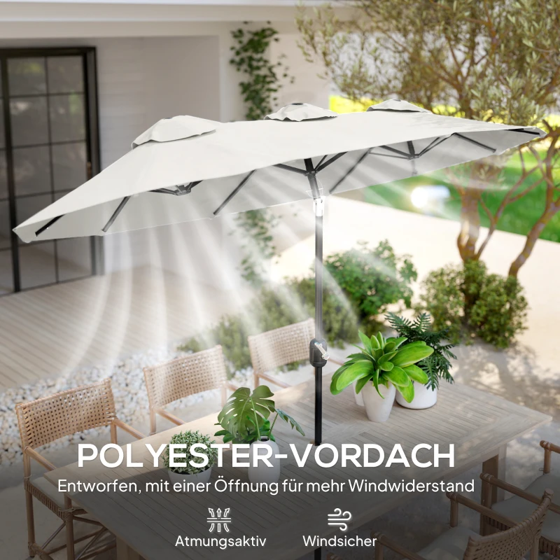 Outsunny Sonnenschirm, Gartenschirm, neigbar, mit Handkurbel, Winddach, Polyester+Stahl, Cremeweiß, 295 x 152 cm