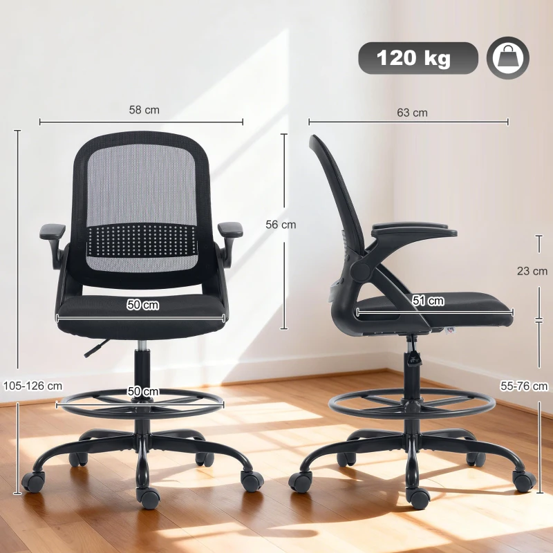 HOMCOM Sedia da Ufficio Ergonomica con Supporto Lombare e Poggiapiedi, in Poliestere e Acciaio, 58x63x105-126 cm, Nero