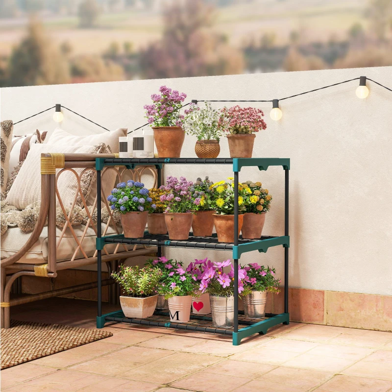 Outsunny 3-Etagen Pflanzenständer, 72 cm hoch Blumenständer für Innen Außen, Pflanzenregal aus Stahl Dunkelgrün