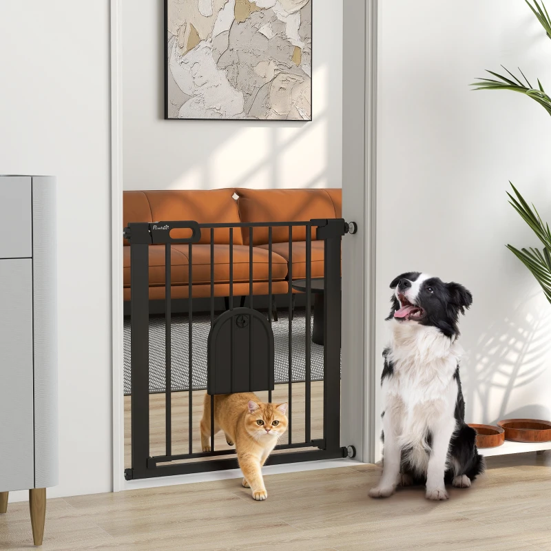 PawHut Barrière de sécurité animaux avec porte fermeture automatique système de double verrouillage, acier noir