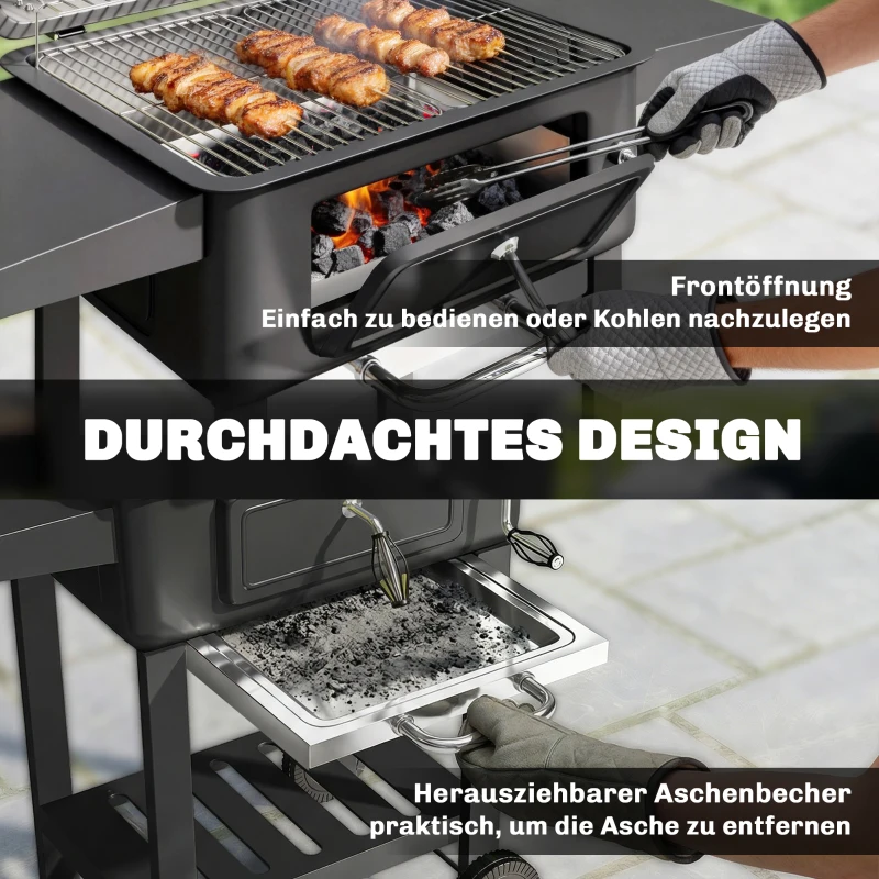 Outsunny Holzkohlegrill BBQ Smoker mit Deckel Thermometer höhenverstellbar Kohlepfanne Grillrost Seitentisch Aschefach