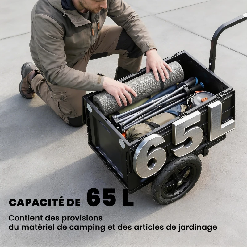 SPORTNOW Remorque Vélo Cargo Chariot de Transport Pliable Caisse Plastique 65L Couvercle Dégagement Rapide 145x51,5x72cm Noir