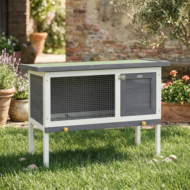 PawHut Clapier Lapin Extérieur en Bois, avec Toit Ouvrable en Asphalt et Plateau Coulissant, Design Surélevé, 90x45x65cm, Gris