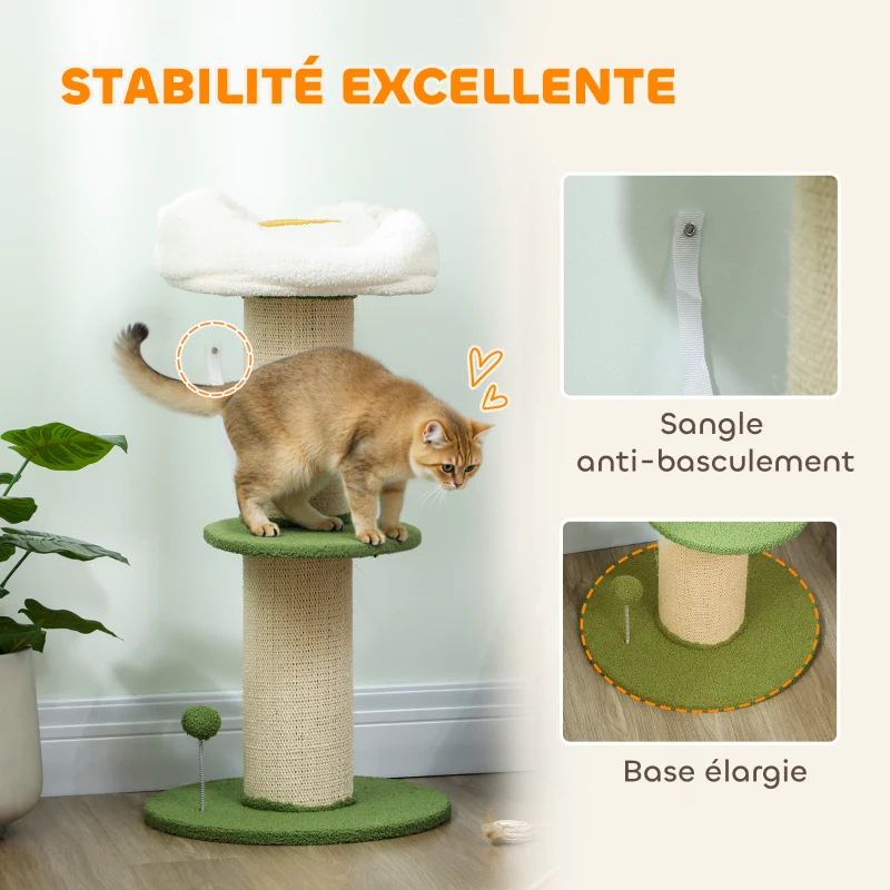 PawHut Arbre à chat à fleurs à 3 niveaux, tonneau à gratter pour chats plateforme et balle poteau en sisal, Ø 45 x 92 cm, vert