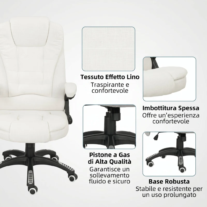 Vinsetto Sedia da Ufficio Reclinabile Massaggiante con Altezza Regolabile, Telecomando, in Tessuto Effetto Lino, Crema
