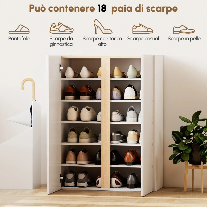 HOMCOM Mobile Portascarpe con Funzione Soft-Close, disegno a sei livelli senza maniglia, 18 paia di scarpe, per ingresso, corridoio, legno, Bianco