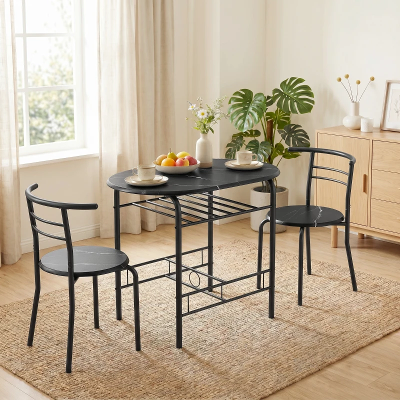 HOMCOM Conjunto de Comedor 3 Piezas Mesa de Cocina y Sillas para 2 Personas con Estante Salón Efecto Mármol Negro