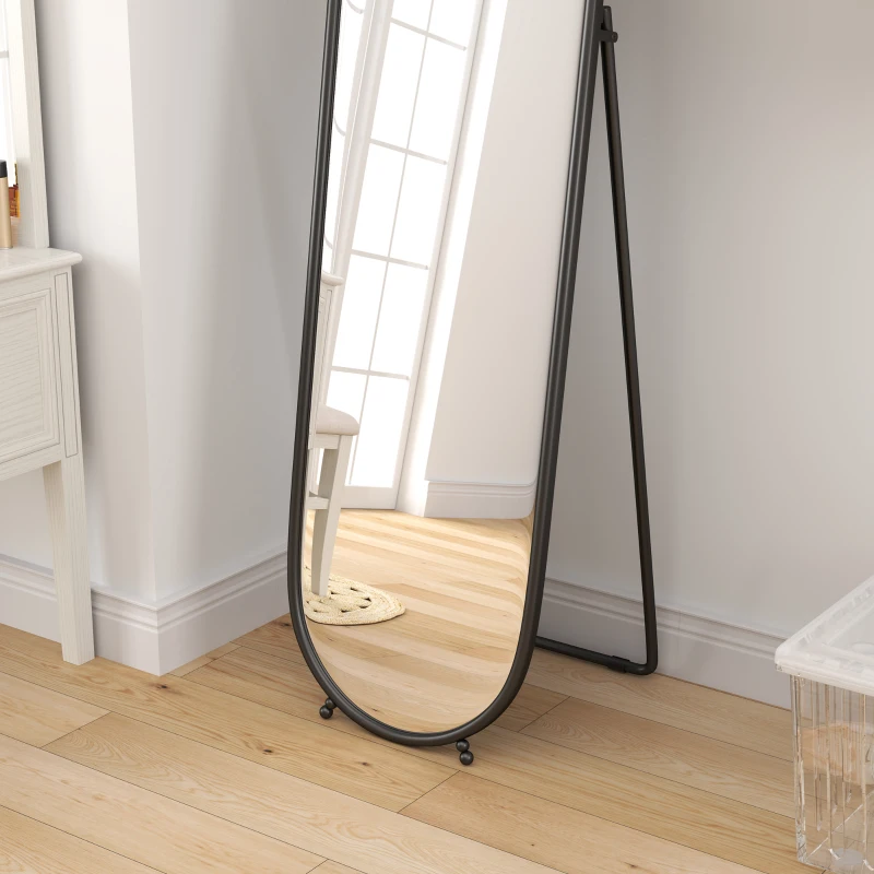 HOMCOM Grand miroir sur pied, miroir ovale, cadre en métal noir, avec support pour entrée, chambre, dressing, 40 x 160 cm