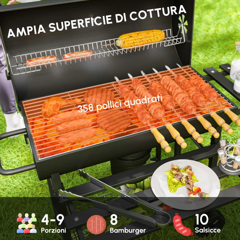 Outsunny Barbecue a Carbone in Acciaio Smoker con Coperchio, Maniglie, Termometro e Ruote, 114x65x95 cm, Nero