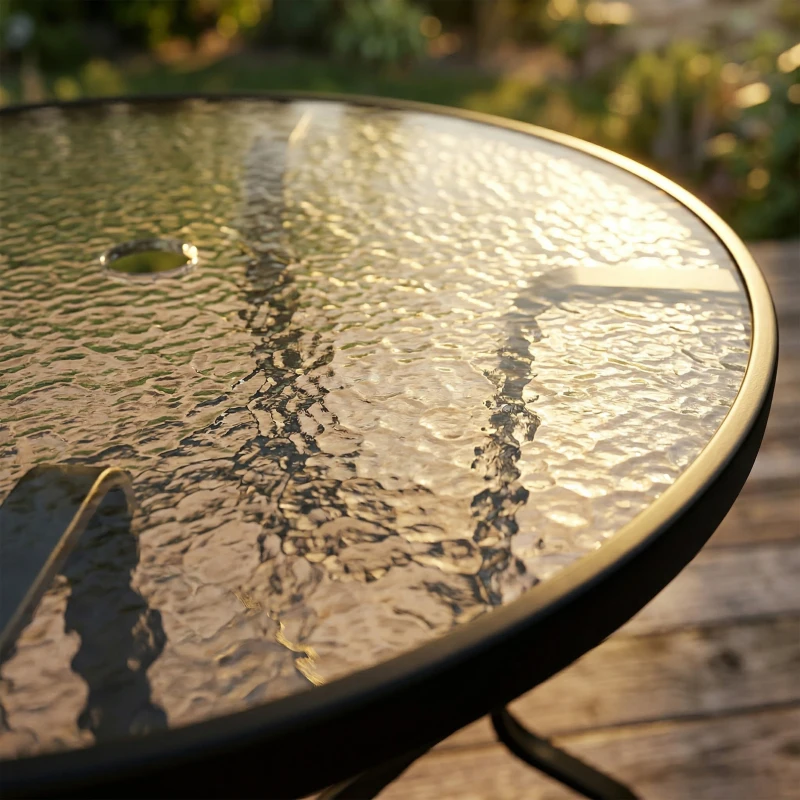 Outsunny Tempered Glass Top Round Outdoor Dining Table with Parasol Hole, 96.5 x 96.5 x 71 cm