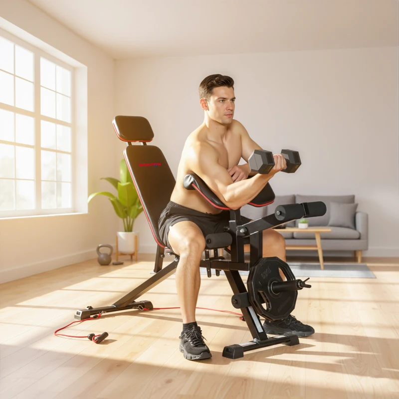 SPORTNOW Hantelbank verstellbar bis 300 kg 3 in 1 Trainingsbank mit Rollen Beinstrecker Curlpult Kopfstütze Widerstandsbändern