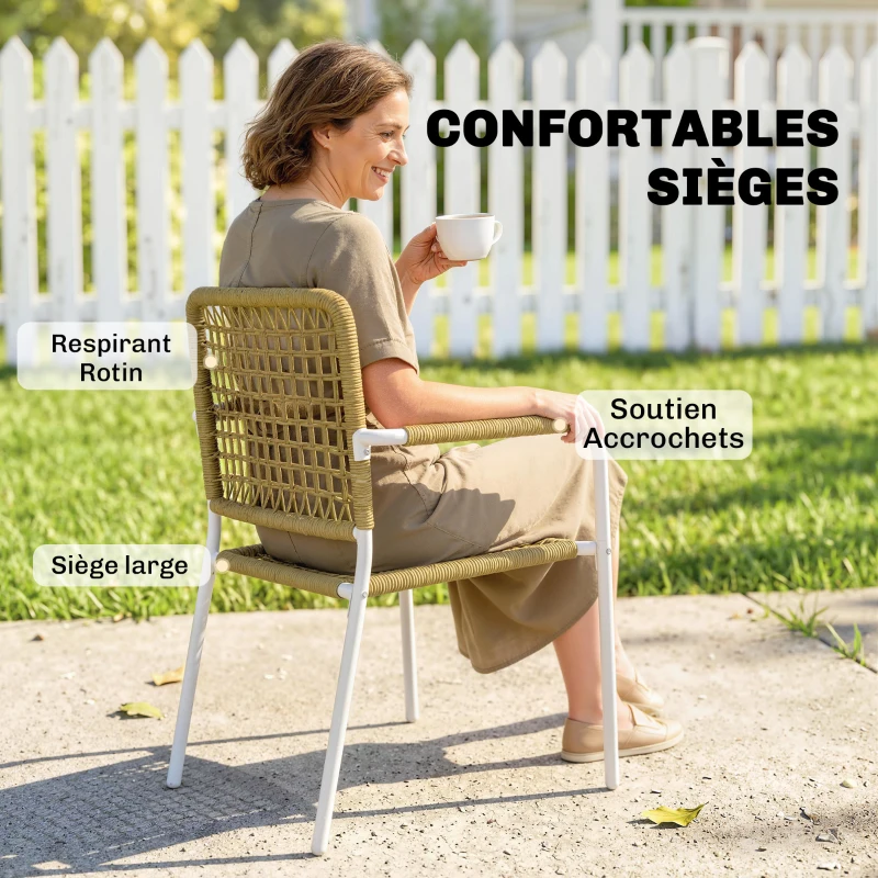 Outsunny Lot de 2 Chaises de Jardin Empilables en Résine Tressée avec Accoudoirs et Dossier, 55x57x82cm, Jaune