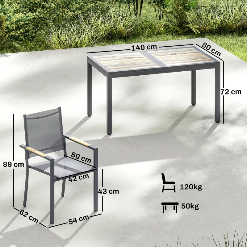 Outsunny Salon de Jardin Ensemble Mobilier de Jardin 7 Pièces Table Effet Bois 6 Chaises Empilables en Textilène 140x80x72cm Gris