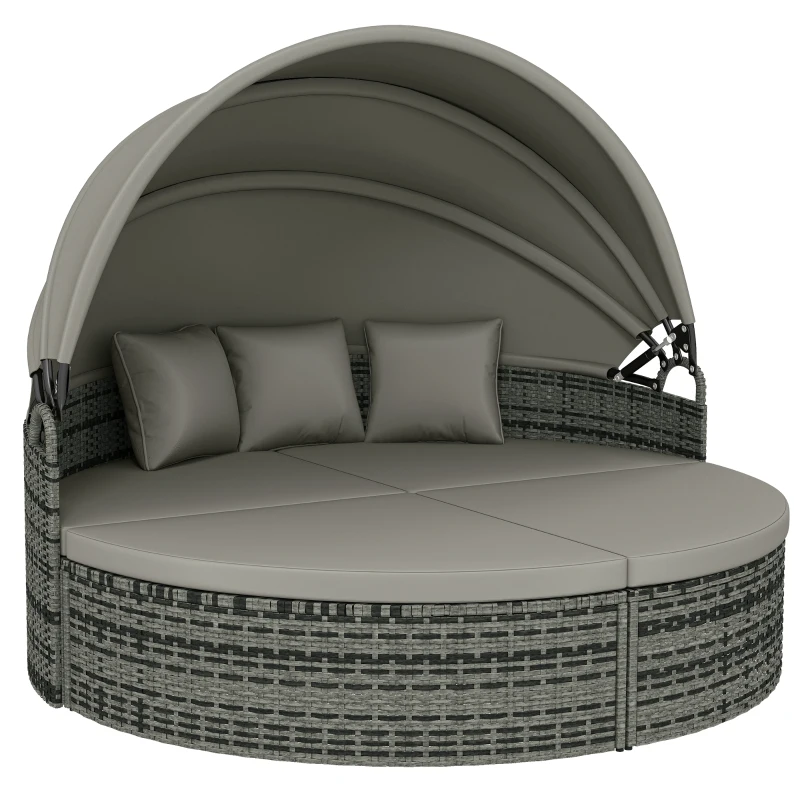 Outsunny Bain de soleil rond, lit de jardin extérieur modulable 3 PSC en résine tressée avec auvent rétractable, gris clair