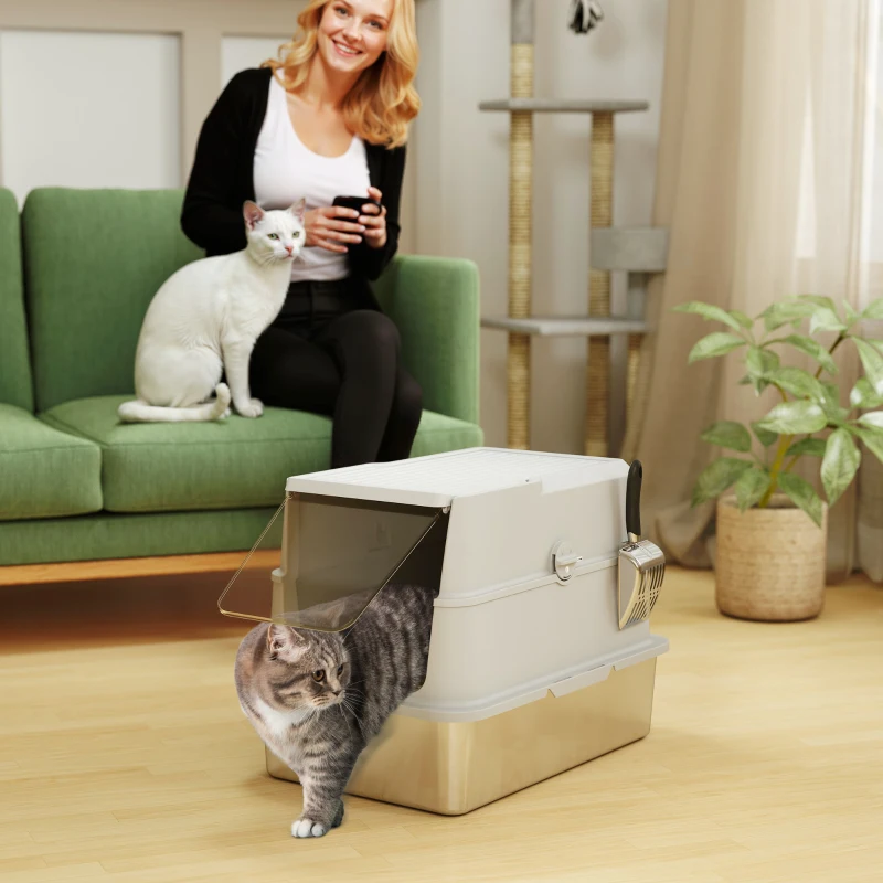 PawHut Katzentoilette, Edelstahl, XL-Innenraum, mit Schaufel, Hellgrau(m-10)