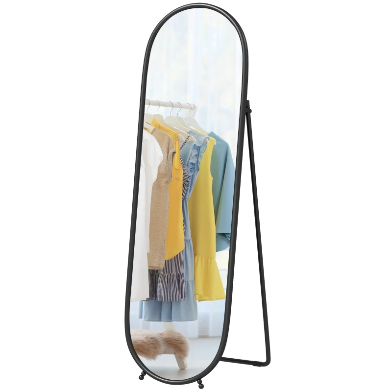 HOMCOM Grand miroir sur pied, miroir ovale, cadre en métal noir, avec support pour entrée, chambre, dressing, 40 x 160 cm
