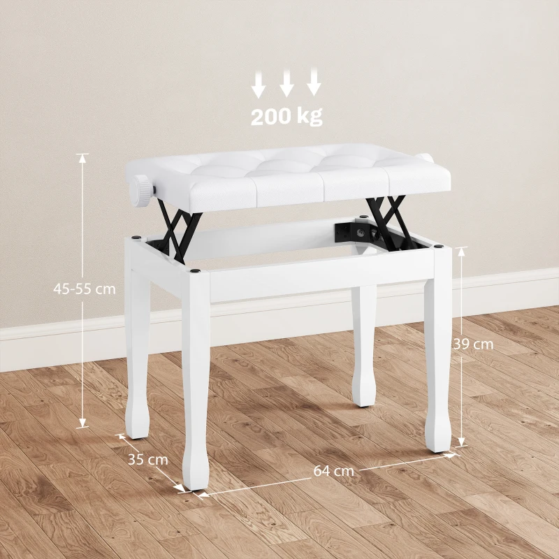 HOMCOM Klavierhocker Höhenverstellbar Klavierbank, Pianobank mit Kunstleder Kissen für Piano Keyboard 64 x 35 x 45-55 cm Weiß