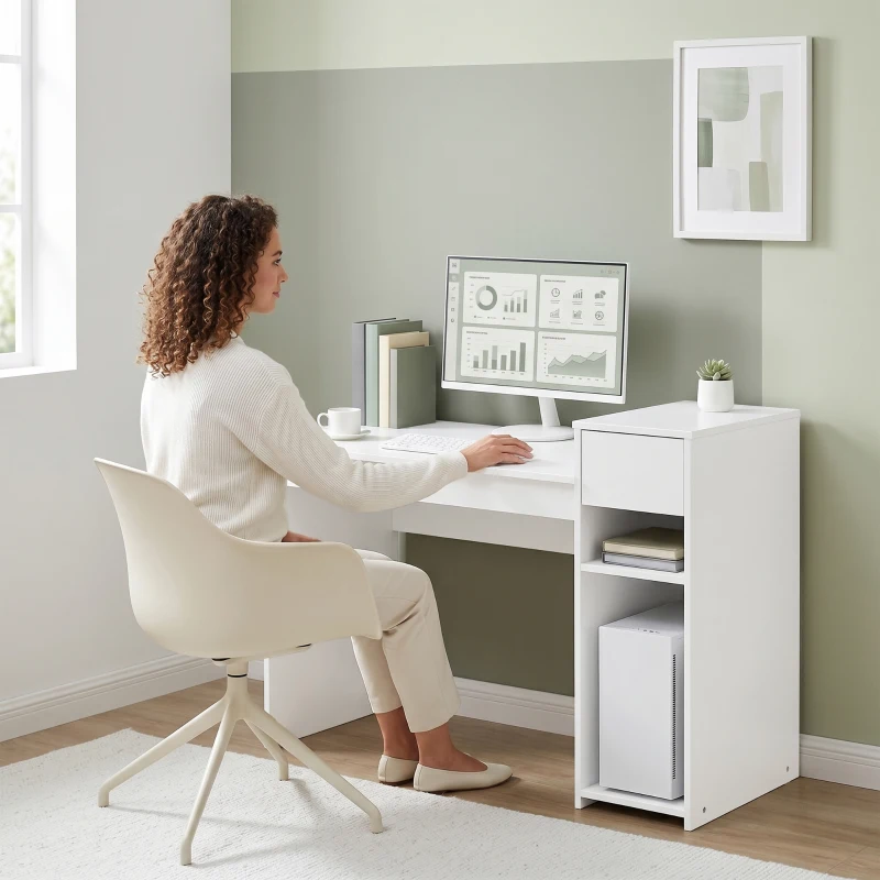 HOMCOM Escritorio para Ordenador con Cajón y Estantería Escritorio con Soporte para Unidad Central 108x50x82 cm Blanco