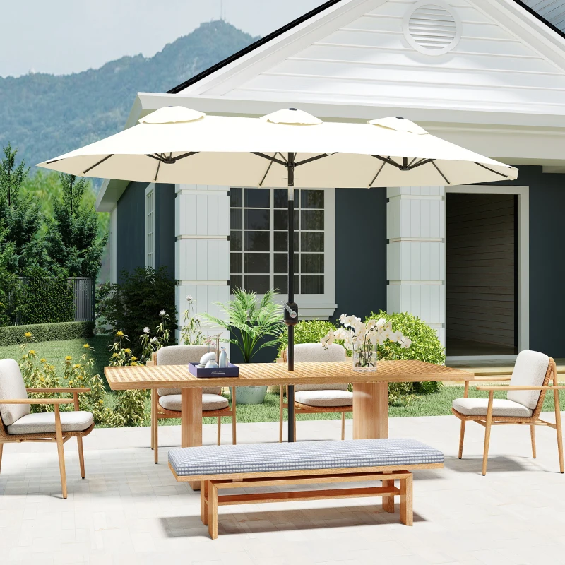 Outsunny Sonnenschirm, Gartenschirm, neigbar, mit Handkurbel, Winddach, Polyester+Stahl, Cremeweiß, 295 x 152 cm