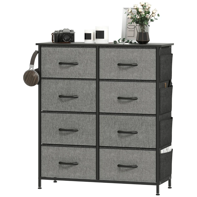 HOMCOM Cómoda de 8 cajones en tela, mueble de almacenamiento con 4 bolsillos, 2 ganchos, estructura de acero, 86 x 30 x 94,5 cm, gris
