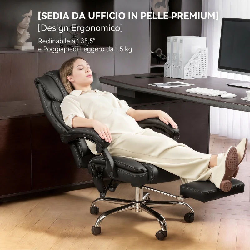 HOMCOM Sedia da Ufficio Massaggiante e Riscaldata, Reclinabile in Pelle PU, con Telecomando e Poggiapiedi, Nero