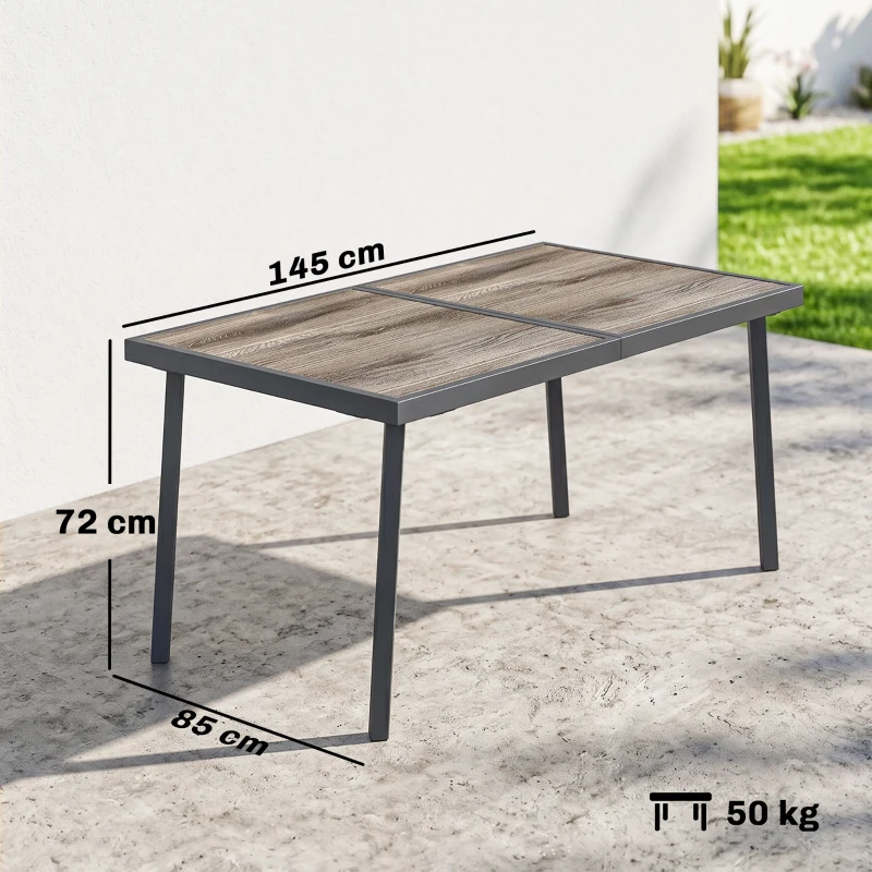 Outsunny Outdoor Tisch für 6 Personen, Holzoptik, Metallrahmen, wetterfest, 145 x 85 x 72 cm, Grau