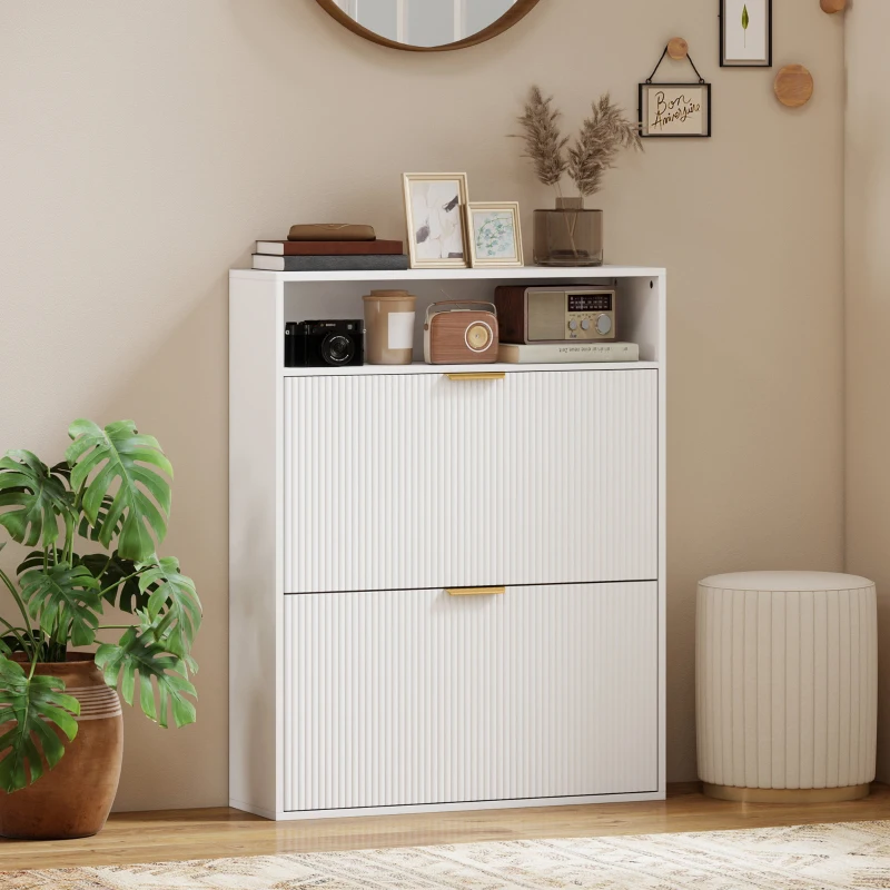 HOMCOM Zapatero Estrecho con 2 Compartimentos Abatibles Y Estante Superior para Pasillo Y Entrada Blanco