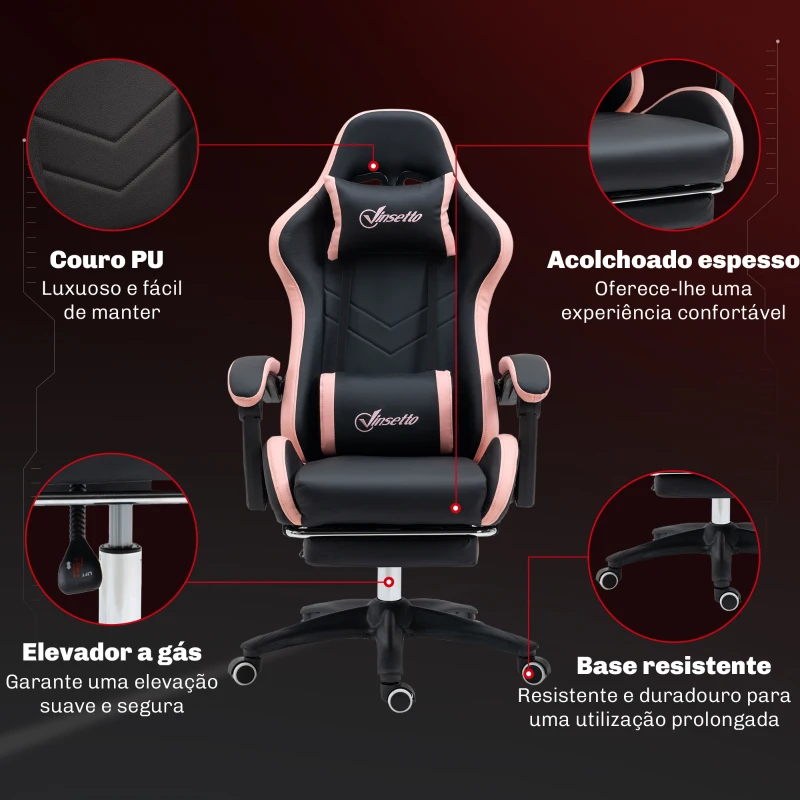 Vinsetto Cadeira Gaming de Couro PU com Altura Ajustável Reclinável 135° e Apoio para os Pés Retrátil 65x65x121-129 cm Preto