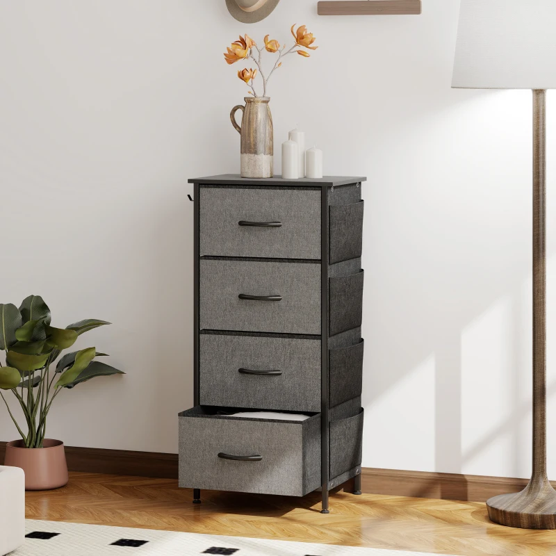 HOMCOM Kommode 4 Schubladen aus Stoff, Aufbewahrungsmöbel mit 4 Taschen, 2 Haken, Stahlgestell, 45 x 30 x 94,5 cm, grau