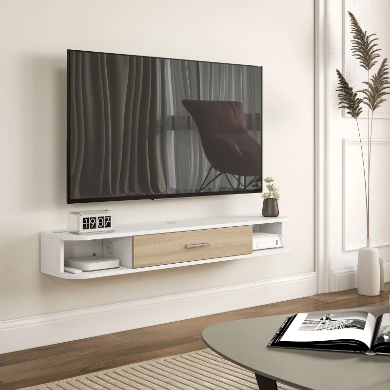 HOMCOM Mobile TV Sospeso in Legno con 2 Ripiani Aperti e Armadietto, 120x26x16 cm, Bianco e Rovere