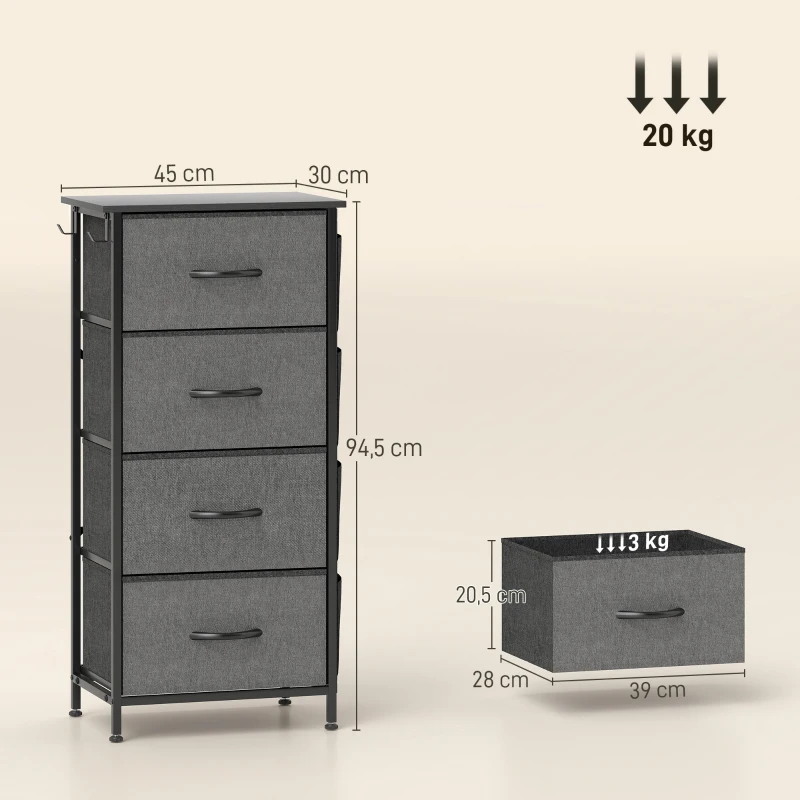 HOMCOM Cassettiera in tessuto con 4 cassetti, 4 tasche e 2 ganci, 45x30x94,5 cm, grigio