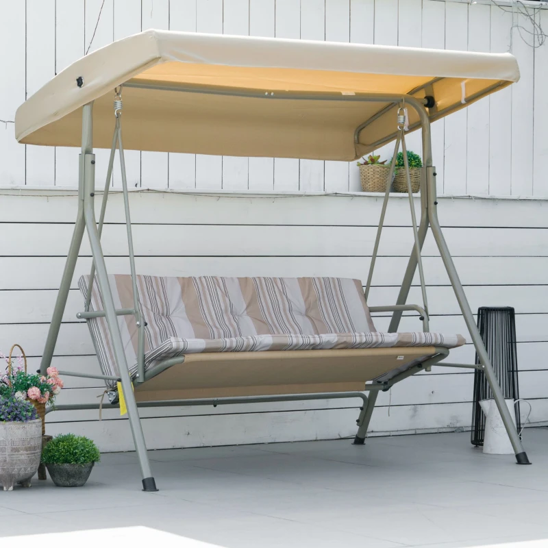 Outsunny Balancelle de Jardin 3 Places Grand Confort Toit Inclinaison réglable épais Coussins Amovibles Acier marron clair