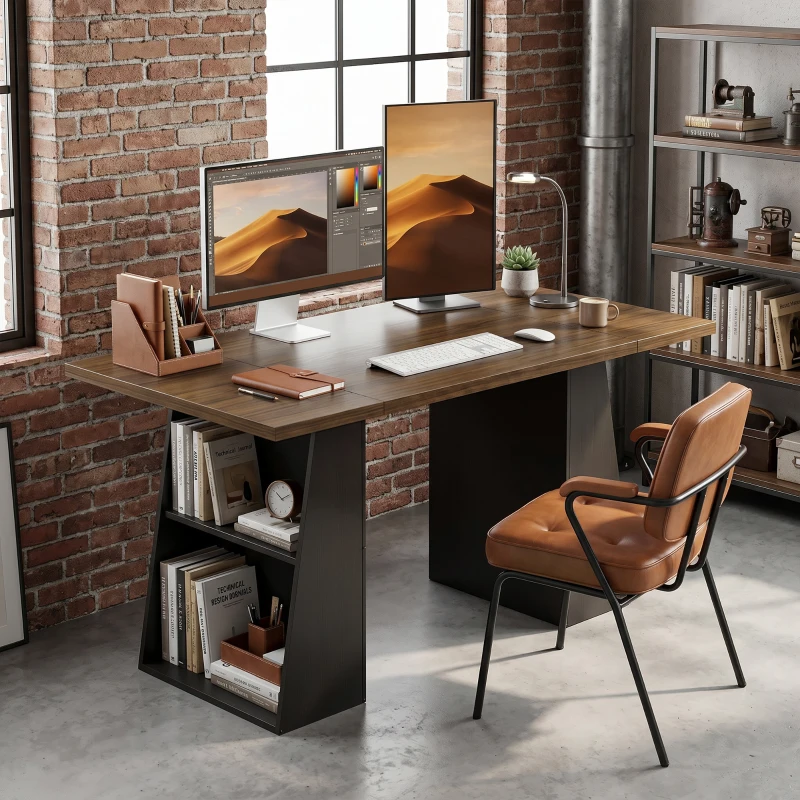 HOMCOM Escritorio con 4 Estantes Abiertos Diseño Industrial 140 cm Marrón y Negro