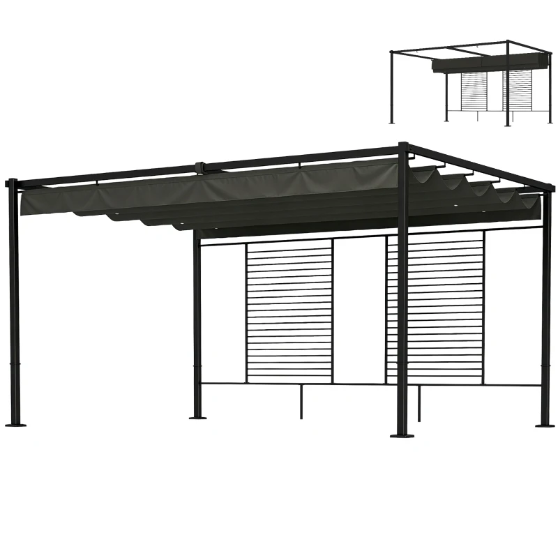 Outsunny Pergola 3,87 x 2,97 m Terrassenüberdachung mit Schiebedach, 2 Sichtschutz, UV 50+ Dunkelgrau