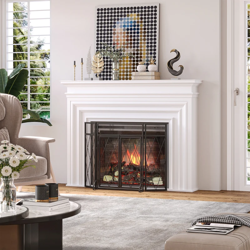 HOMCOM Grille de protection pour cheminée 120 x 79 cm - pare-feu pour cheminée ou poêle - pare-étincelles - barrière de sécurité - 3 volets pliables et porte - métal noir(m-10)