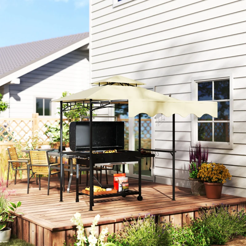 Outsunny Grillpavillon 242x232x248 cm wasserabweisend flammhemmend Gartenpavillon mit Doppelschichtdach Beige