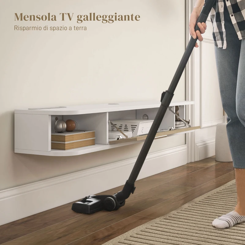 HOMCOM Mobile TV Sospeso in Legno con 2 Ripiani Aperti e Armadietto, 120x26x16 cm, Bianco e Rovere
