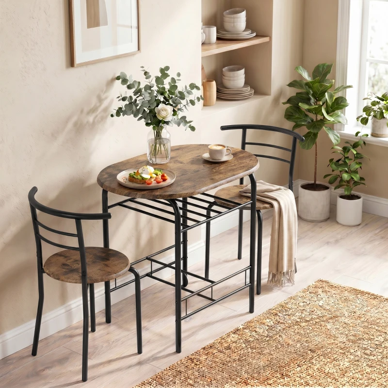 HOMCOM Conjunto de Comedor 3 Piezas Mesa de Cocina y Sillas para 2 Personas con Estante Salón Marrón Rústico Efecto Madera