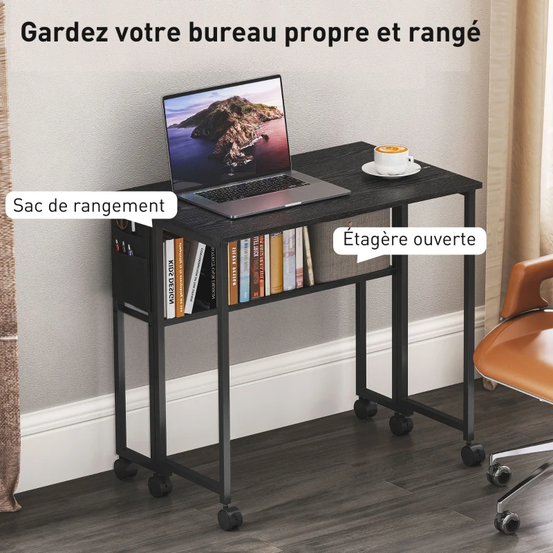 HOMCOM Bureau pliable sur roulettes 80 x 50 cm avec étagère et sac de rangement, noir