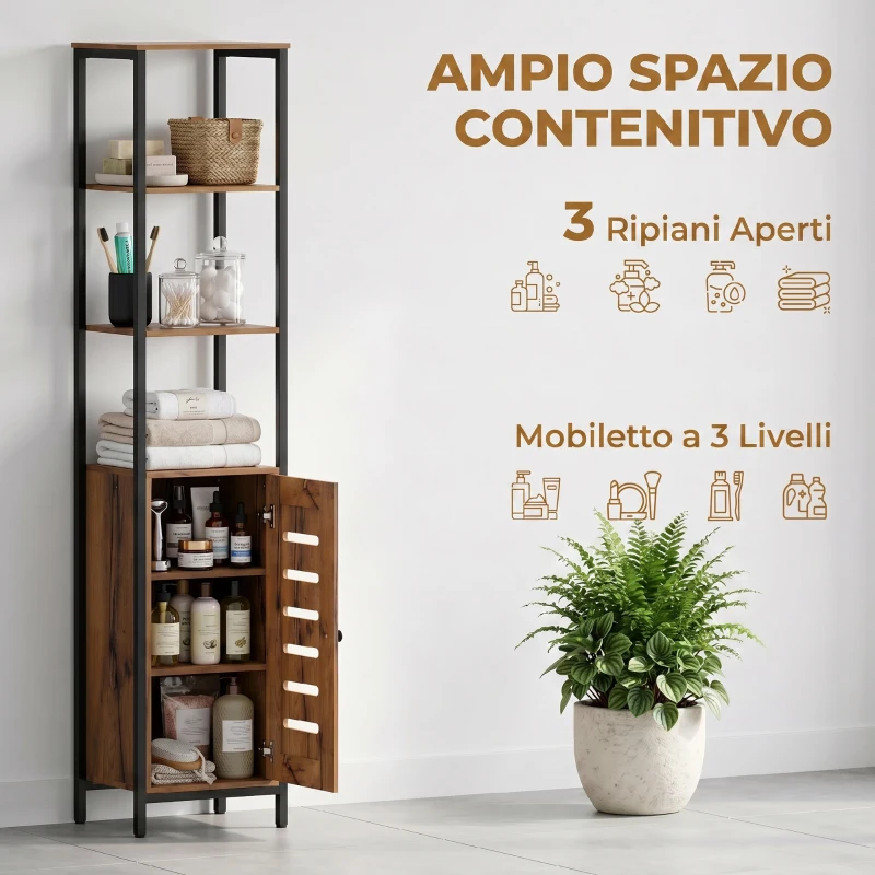 kleankin Mobile Bagno Alto Stretto, Mobiletto Bagno Salvaspazio con Ante Soft Close a Persiana, 3 Ripiani Aperti, Ripiani Regolabili, Marrone Rustico