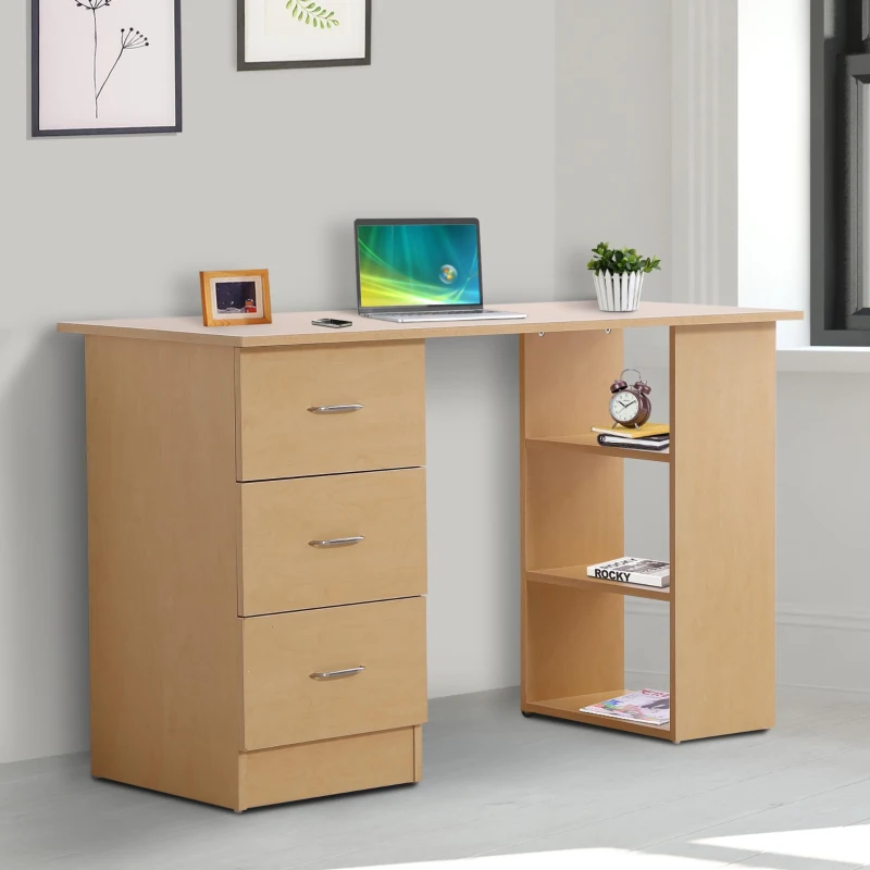 HOMCOM Bureau d'ordinateur avec 3 tiroirs et 3 étagères ouvertes, 120x49x72cm, bureau avec rangement réversible, style moderne, table informatique pour chambre, petit espace, télétravail, bois clair