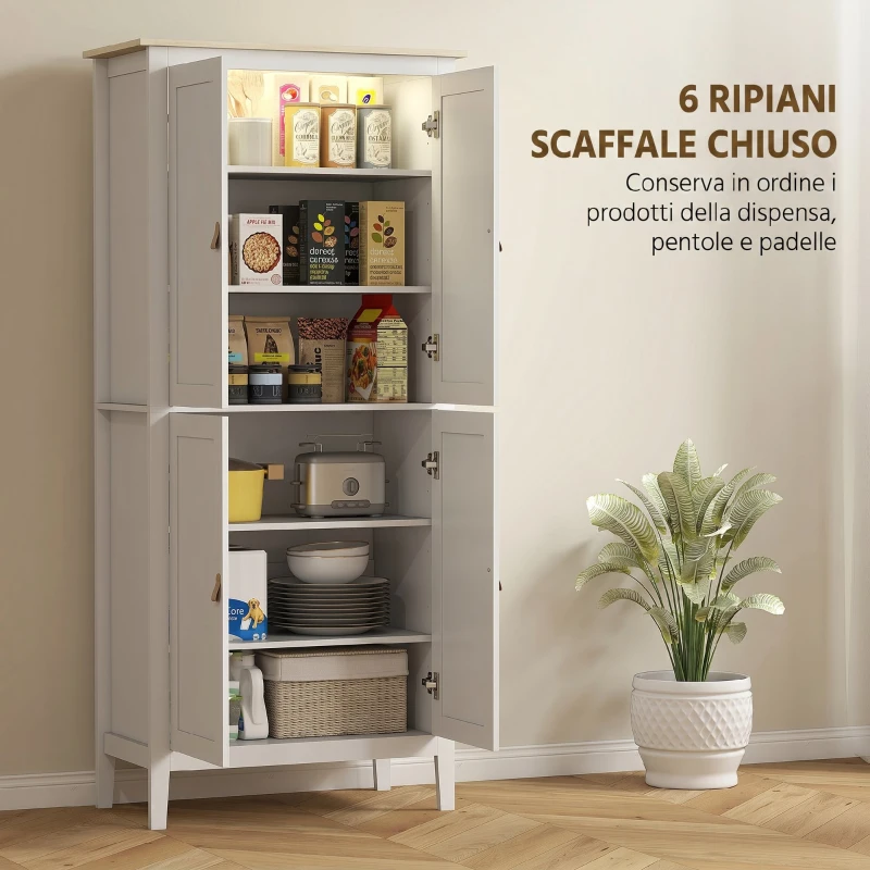 HOMCOM Credenza Cucina Alta 177 cm, Mobile Cucina con Luce LED, Dimmerabile a 3 Colori, Ripiani Regolabili, Bianco