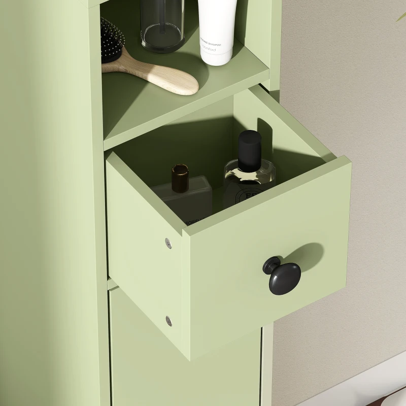 kleankin Armario Estrecho para Baño con Cajón y 4 Compartimentos Abiertos para Espacios Pequeños 20 x 20 x 180 cm Verde