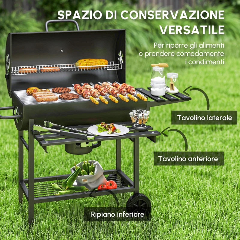 Outsunny Barbecue a Carbone in Acciaio Smoker con Coperchio, Maniglie, Termometro e Ruote, 114x65x95 cm, Nero
