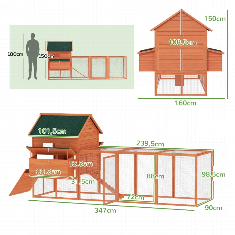 PawHut Gallinero de Madera Grande Exterior con 2 Nidos Corral Techo Asfáltico Bandeja Extraíble y Rampa 347x160x150 cm Naranja