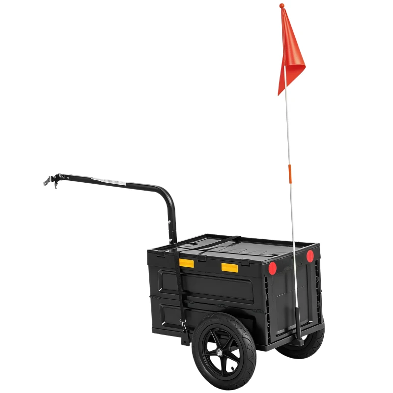 SPORTNOW Remorque Vélo Cargo Chariot de Transport Pliable Caisse Plastique 65L Couvercle Dégagement Rapide 145x51,5x72cm Noir