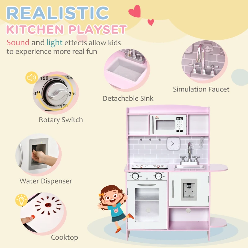 HOMCOM Cucina Giocattolo per Bambini con Fornelli, Luci e Suoni, Microonde, Età 3-6 Anni, Rosa