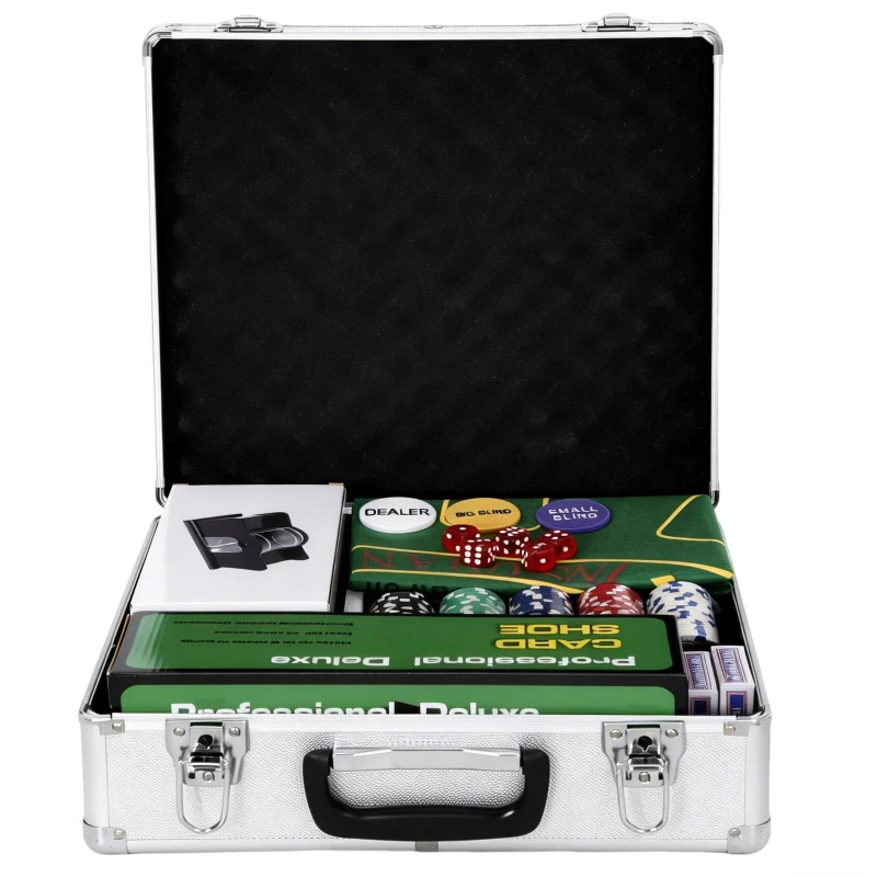 SPORTNOW 500-Piece Poker Chips Set with Card Shuffler, Card Shoe, Case, Casino Texas Holdem Poker Set with Mat, Silver Tone