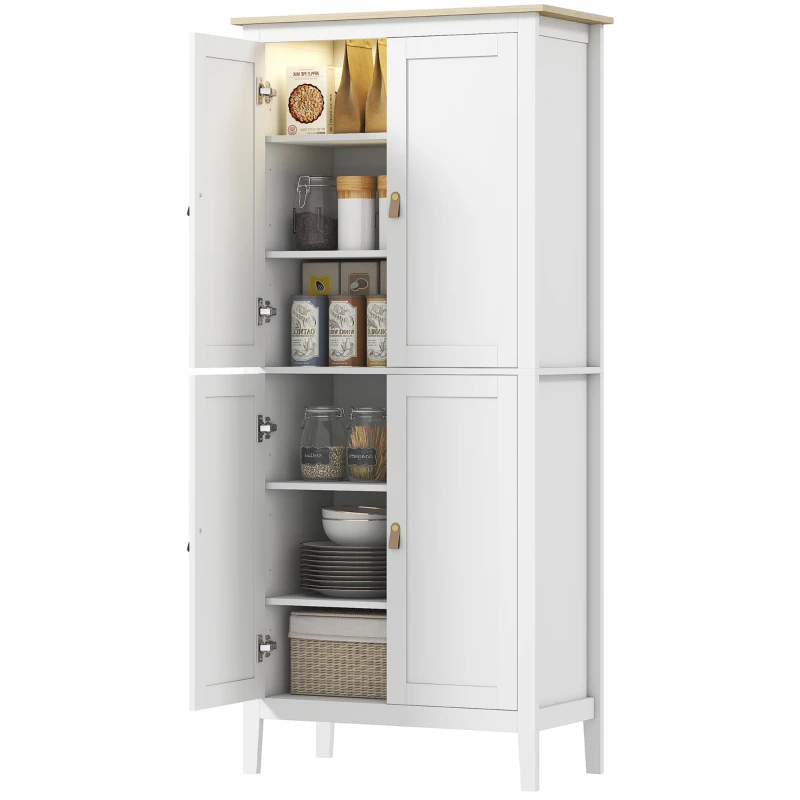 HOMCOM Credenza Cucina Alta 177 cm, Mobile Cucina con Luce LED, Dimmerabile a 3 Colori, Ripiani Regolabili, Bianco